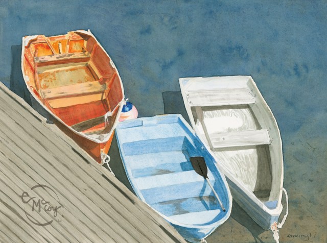 Three Boats, Rockport, MA. Painting by Erika, McCoy, watercolor artist. three rowboats tied to dock on blue water.