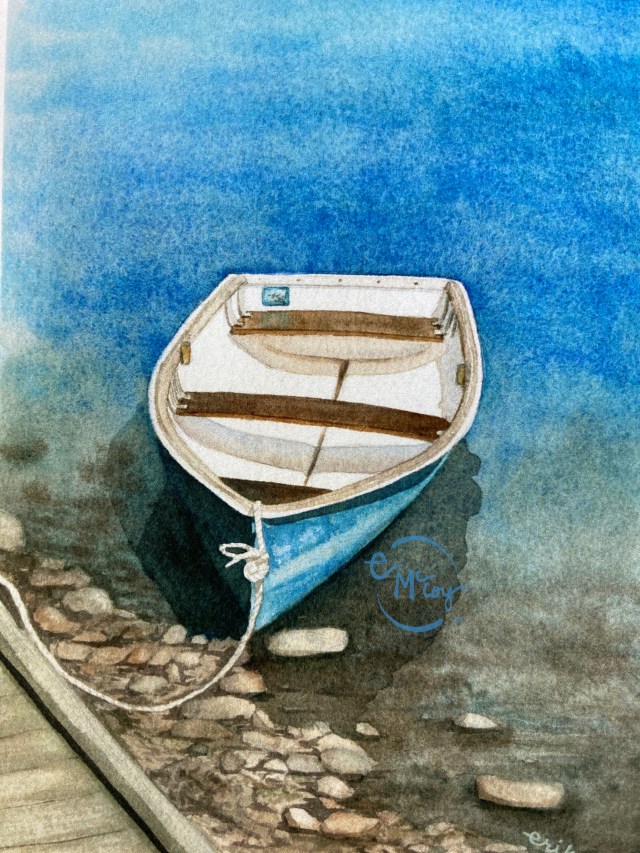 Grab the Oars. Painting by Erika McCoy, watercolor artist. Rowboat tied to dock in blue water. 